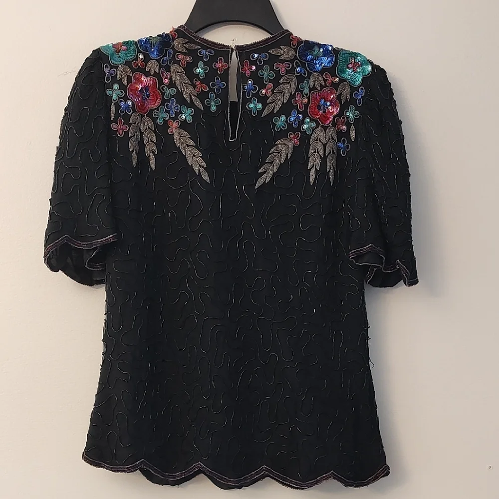 80s Laurence Kazar Black Silk Blouse Floral Sequin Embroidery Sparkly Holiday PS - Picture 6 of 7
